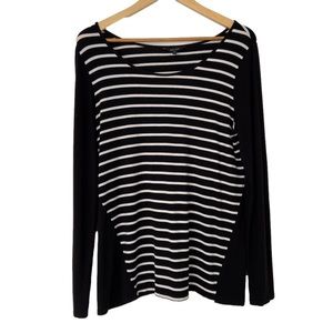 RW&CO. BLACK/WHITE STRIPED VISCOSE JERSERY LONG SLEEVED CREW NECK TOP, LARGE